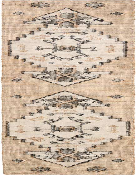 A 12 ft runner rug featuring a natural brown jute base with ivory and black traditional medallion patterns, ideal for a hallway.