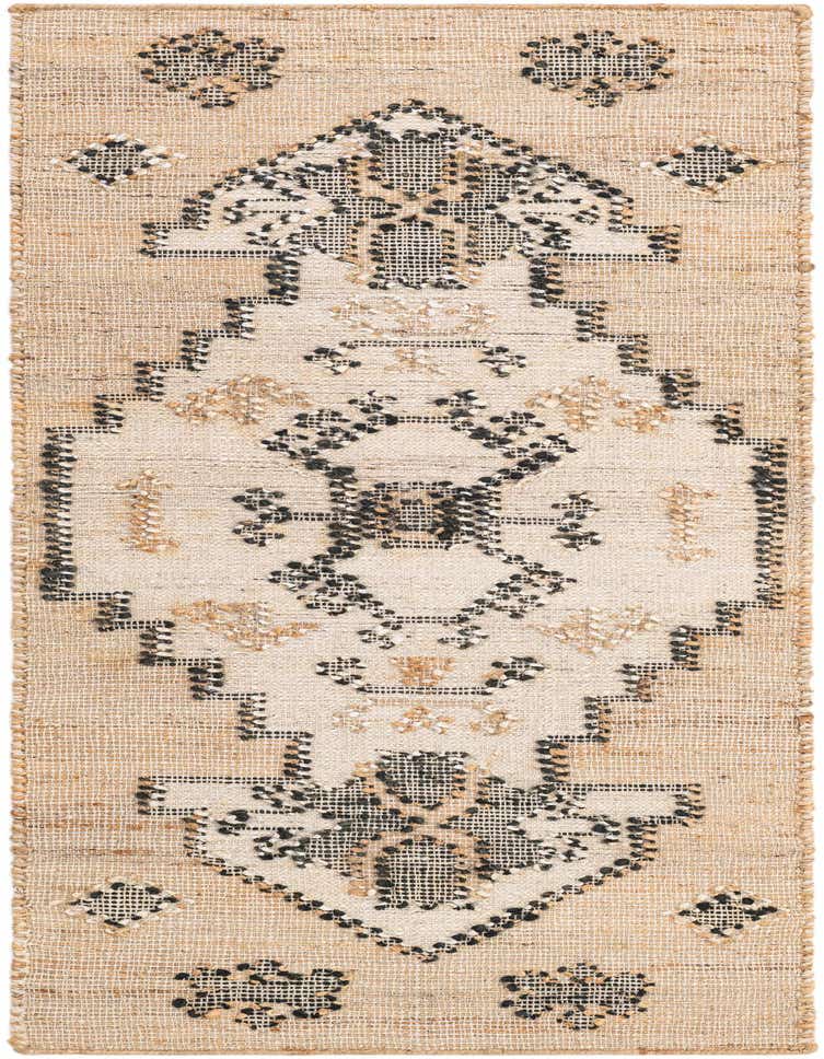 A 6 ft runner rug with a natural jute base and an ivory medallion pattern accented with black and tan details.