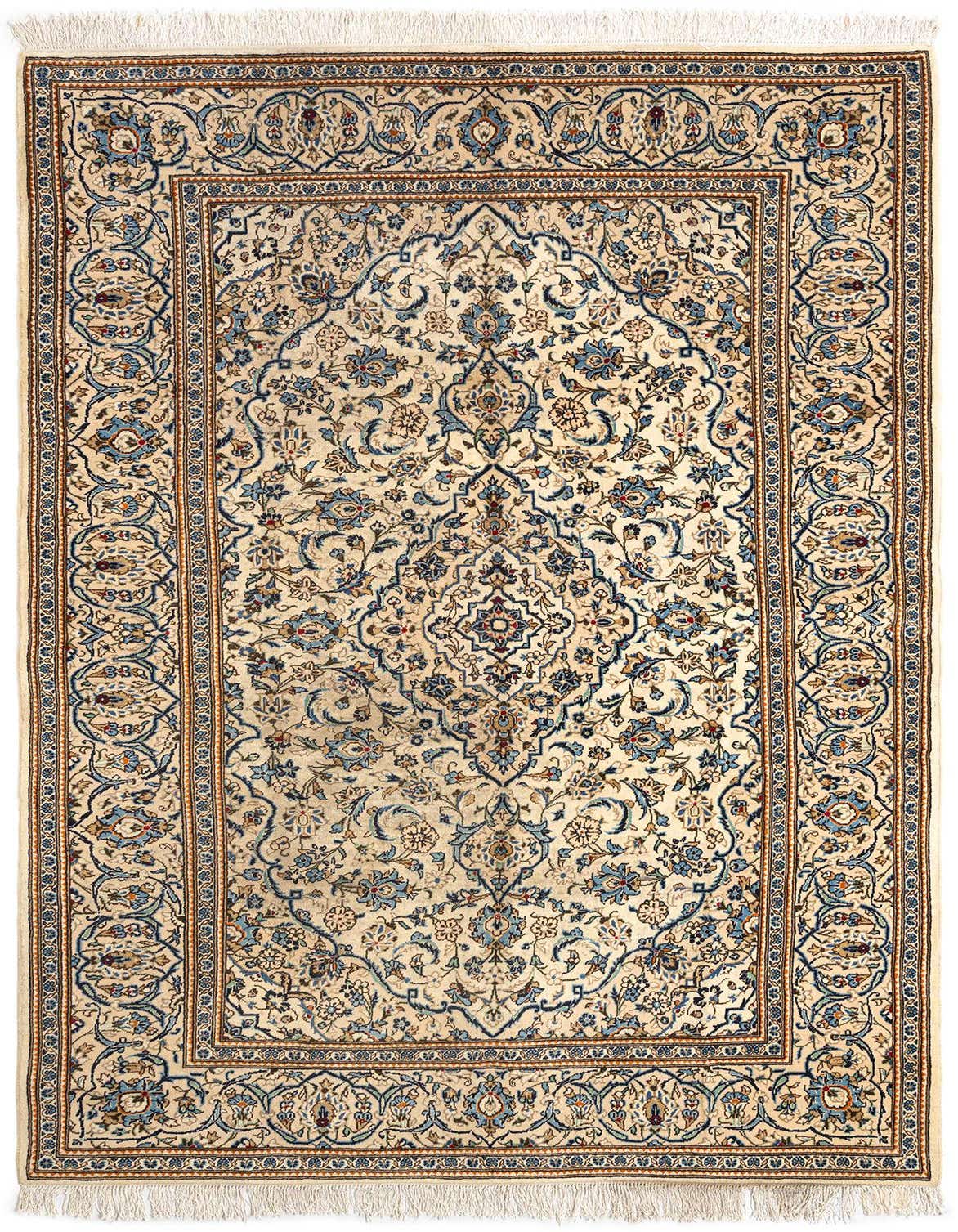 An 11 ft Kashan Persian runner rug in browns, tans, and ivories, featuring intricate floral patterns and a detailed border, ideal for a hallway.
