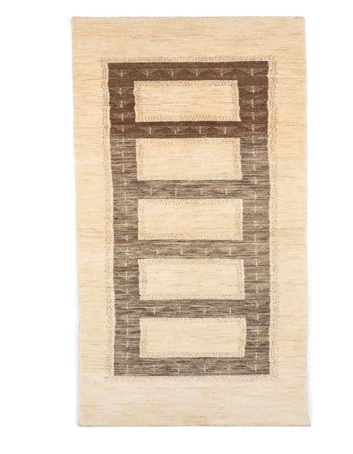 A 10 ft Kashkuli runner rug in brown and ivory, featuring a Persian geometric pattern with tree motifs, ideal for hallways.
