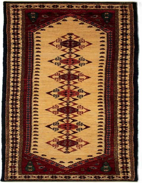 A 13 ft Kashkuli Persian runner rug with a tan center and intricate red, brown, and ivory geometric patterns, ideal for a hallway.