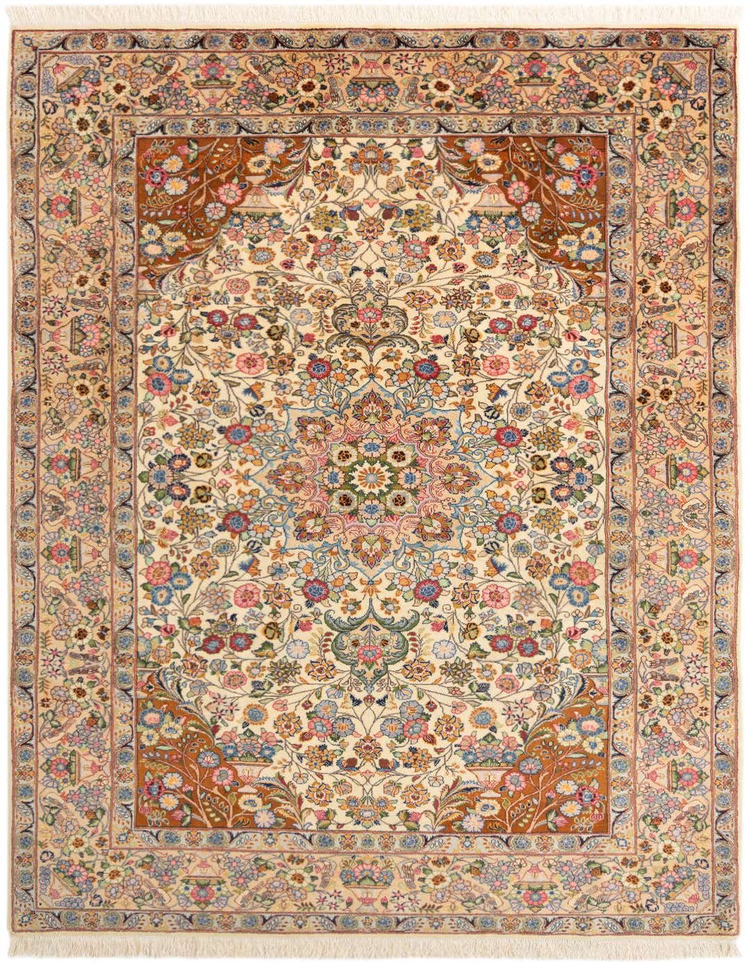 A 10 ft traditional Kashmar runner rug with a cream field, intricate floral patterns, and a brown border, ideal for a hallway.