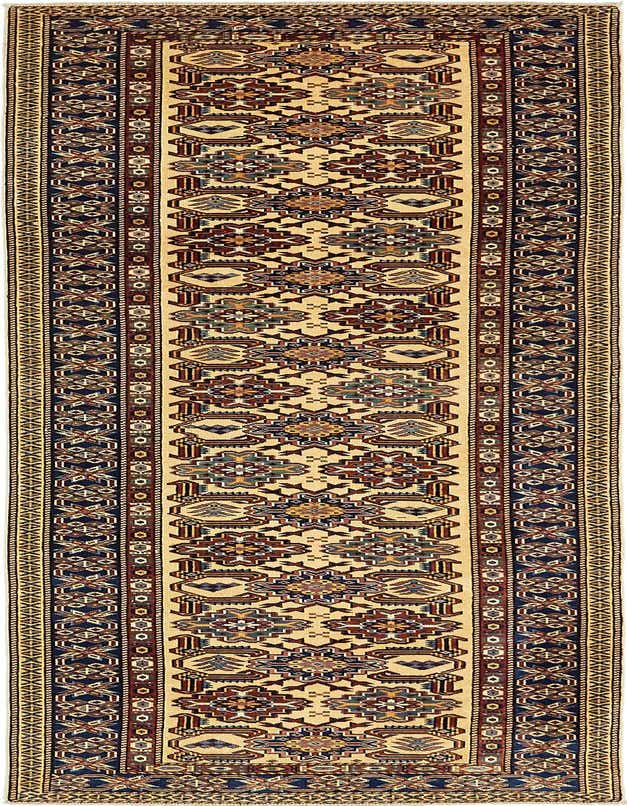 A 10 ft runner rug in traditional tribal style, featuring a cream background with intricate brown, blue, and red patterns.
