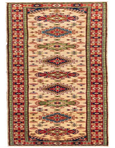 A 15 ft runner rug featuring a cream and tan background with traditional Southwestern geometric patterns in red, blue, green, and brown.