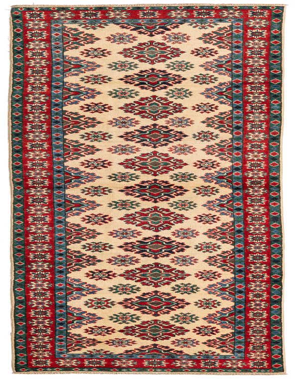 A 10 Ft runner rug featuring a traditional Southwestern pattern with ivory, red, blue, and green motifs.