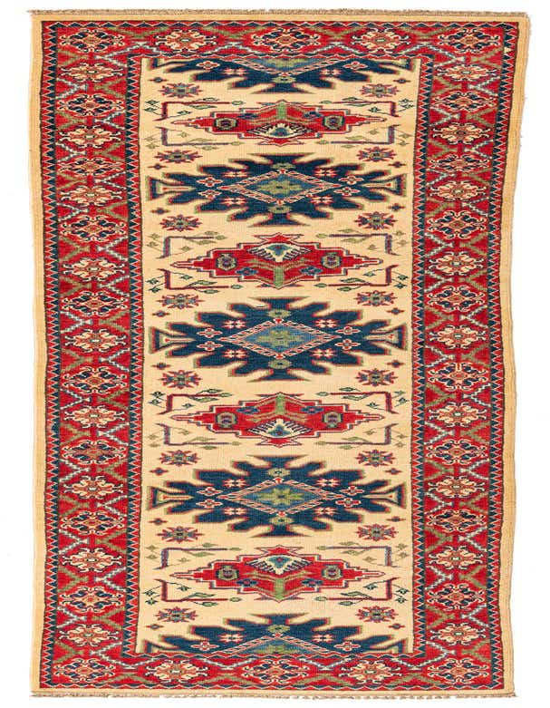 A 10 ft runner rug with a cream background, featuring traditional Southwestern patterns in red, navy blue, and green, ideal for a hallway.