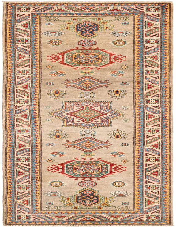 A 10 ft runner rug with a tan and brown background, featuring colorful geometric and oriental patterns in red, blue, green, and yellow.