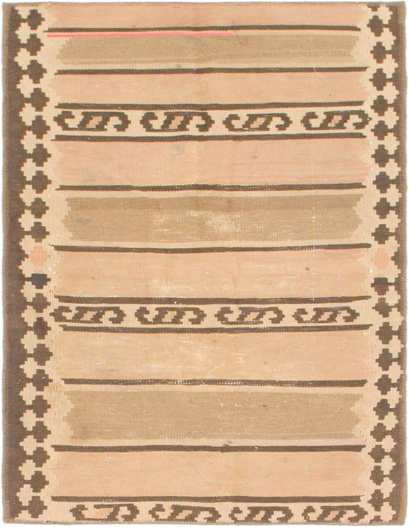 A 5 ft runner rug with a striped pattern in browns, tans, and creams, featuring tribal motifs along the border.