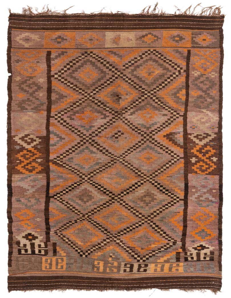 A 10 Ft Kilim Fars runner rug with a geometric diamond pattern in browns, tans, and ivories, suitable for a hallway.