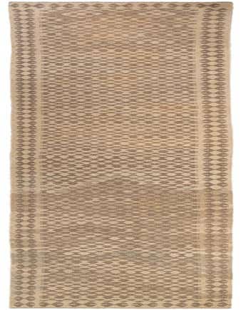 A 20 ft Kilim Maymana runner rug in shades of brown and tan, featuring a tribal geometric pattern, perfect for a long hallway.