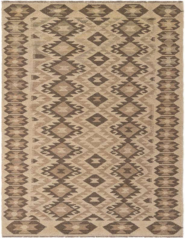 A 10 ft runner rug in shades of brown and tan with a tribal geometric pattern, suitable for a hallway.