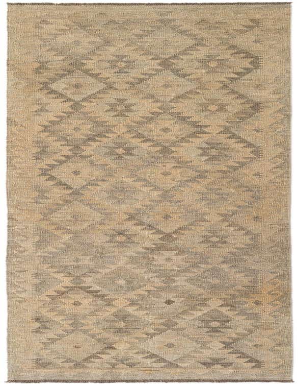 A 10 ft runner rug with a flatweave texture, featuring a tribal geometric pattern in shades of brown, tan, and cream.