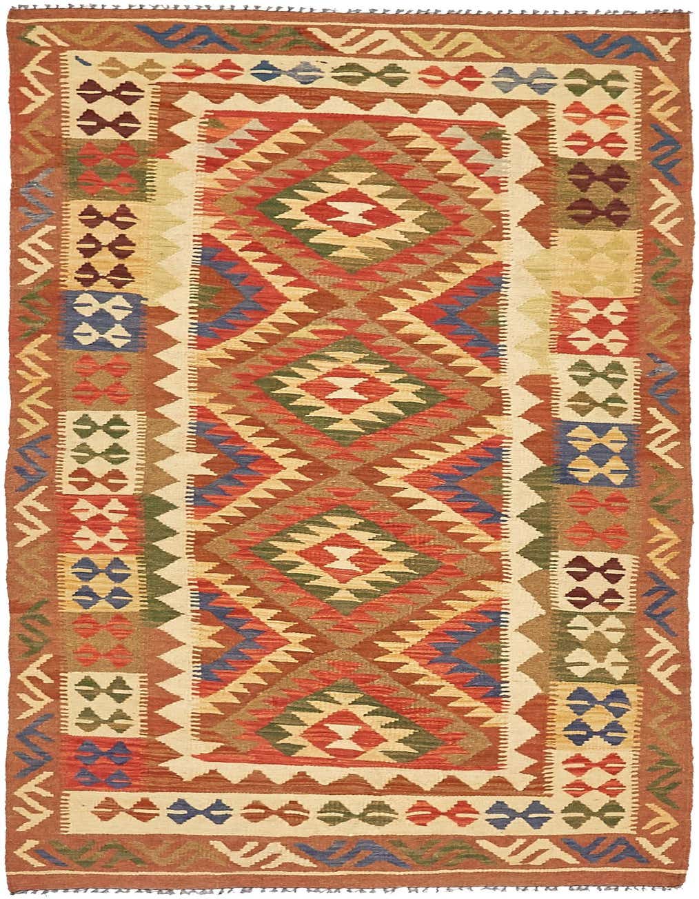 A 7 ft runner rug with a Southwestern and Tribal design. It features a central pattern of diamonds in shades of brown, red, green, and blue, bordered by geometric motifs on a cream background.