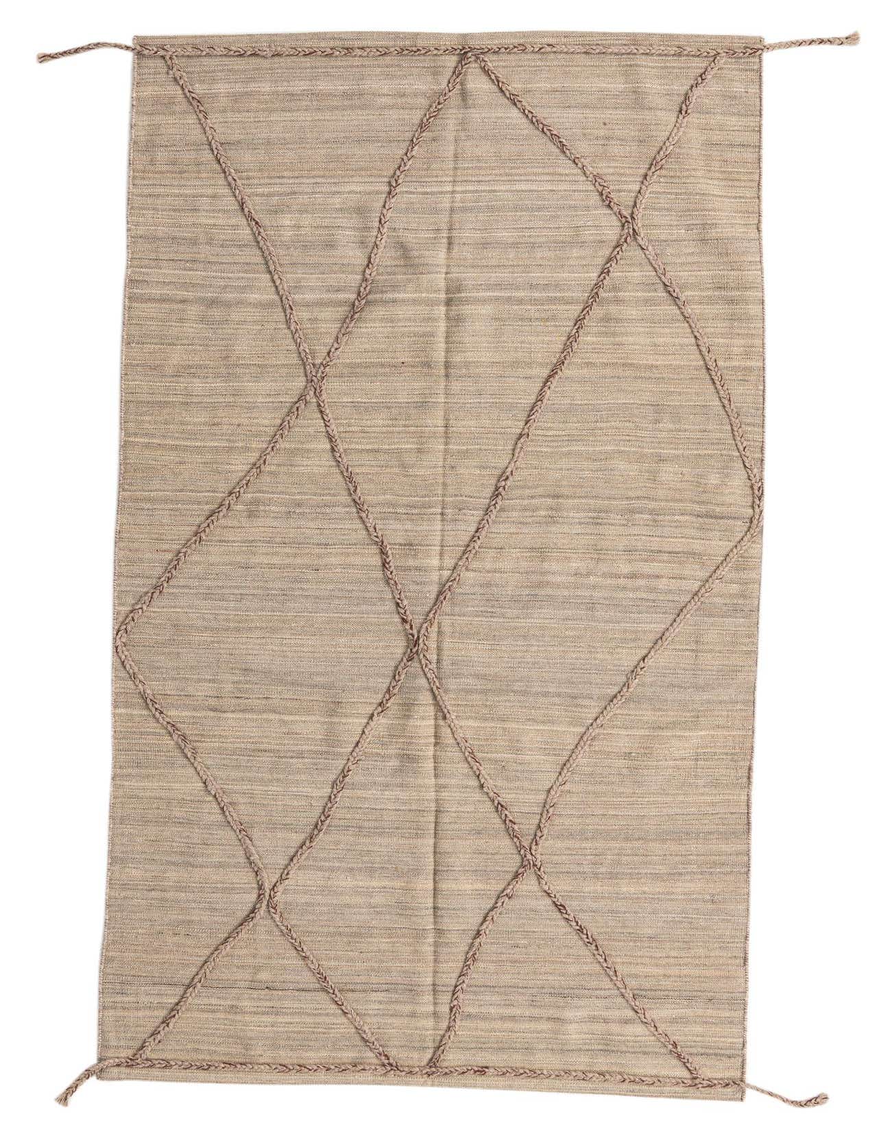 A flatweave 8 ft runner rug in shades of brown and tan, featuring a tribal diamond pattern created by braided wool.