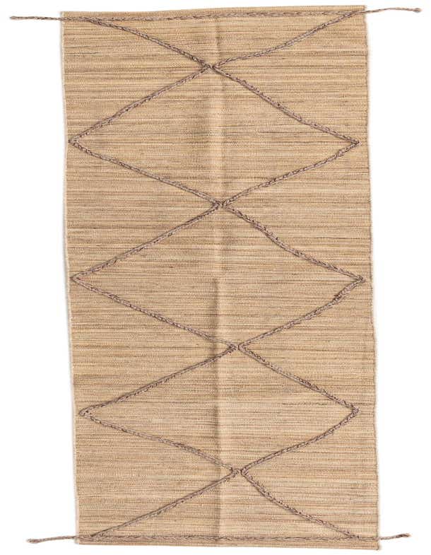 A long, narrow Kilim Modern runner rug from Rugs.com, featuring a natural tan and brown flatweave with a raised braided diamond pattern.