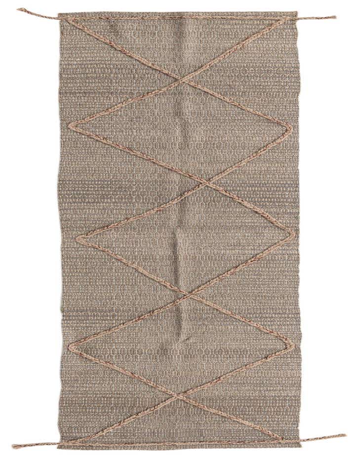 A brown and tan 8 ft runner rug with a modern tribal diamond pattern made from braided wool, perfect for a hallway.