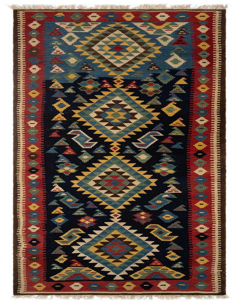 A 13 ft runner rug featuring a tribal Persian pattern in navy, red, blue, yellow, and cream, ideal for a hallway.