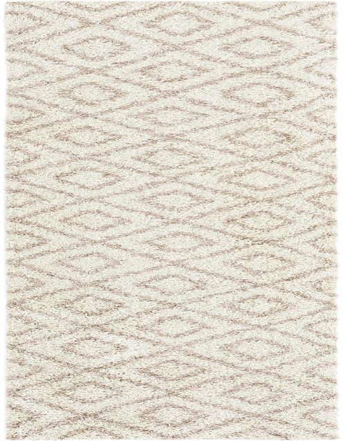 A 12 ft runner rug with a modern geometric lattice pattern in brown and cream, featuring a textured high/low pile.