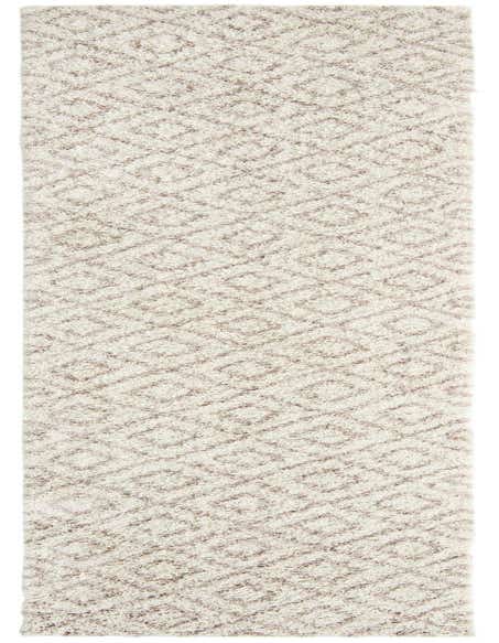 A long 16 ft runner rug with a high/low textured pile, featuring an abstract lattice pattern in browns/tans and ivories/creams, ideal for a hallway.