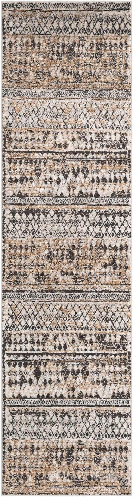 A 10 ft runner rug in brown, tan, and ivory with a distressed Southwestern tribal pattern, ideal for a hallway.