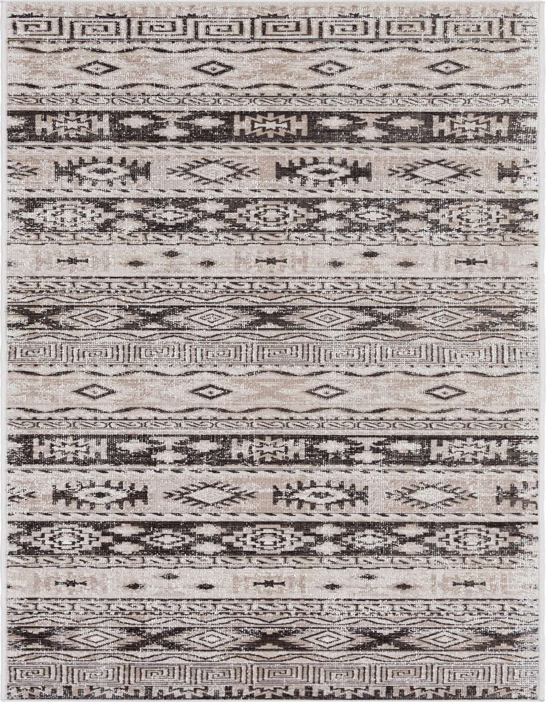 A 10 ft runner rug featuring a Bohemian tribal stripe pattern in shades of brown, tan, and ivory, perfect for a hallway.