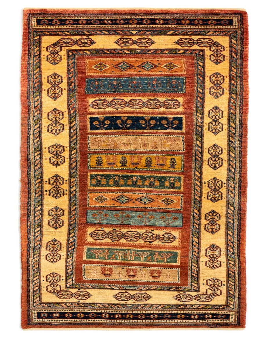 A 6 ft Luribaft runner rug in earthy browns, tans, and ivories, featuring a traditional Persian design with colorful striped patterns.