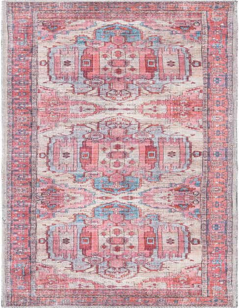An 8 ft runner rug with a faded traditional medallion pattern in shades of brown, tan, ivory, and light blue, perfect for a hallway or kitchen.