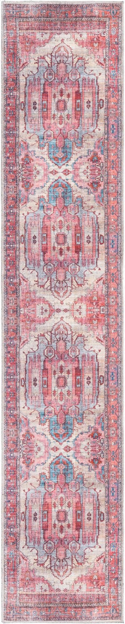 A 10 ft runner rug featuring a faded traditional medallion and tribal pattern in browns, tans, ivories, creams, and hints of muted red and blue, ideal for a hallway.