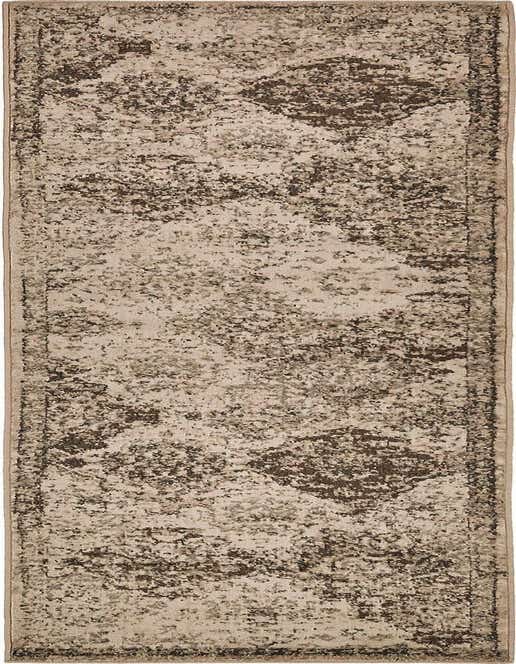 A 10 ft runner rug in shades of brown, tan, and cream with a distressed traditional pattern, ideal for a hallway.