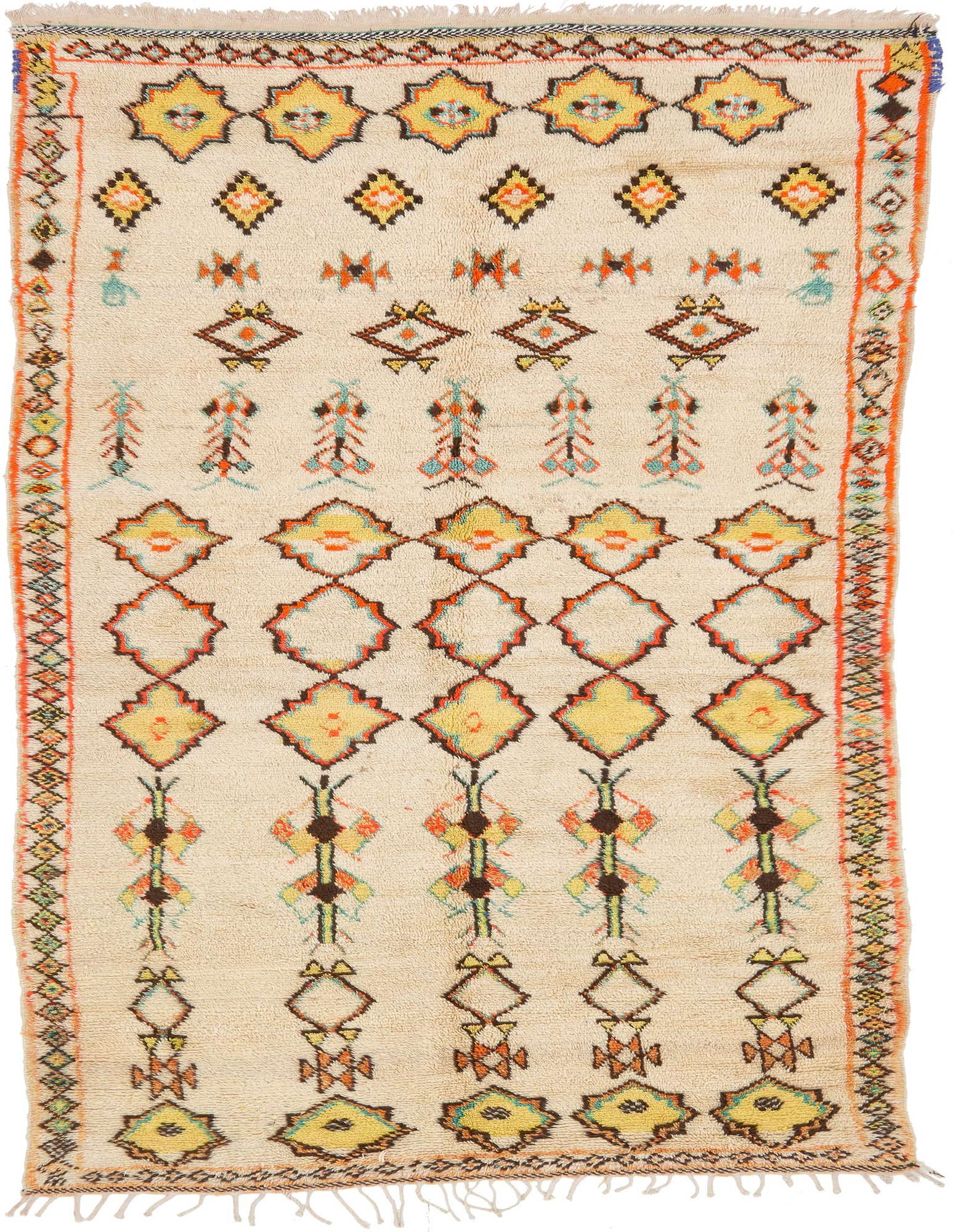 A handmade 11 ft Moroccan runner rug featuring a cream background with tribal patterns in brown, tan, yellow, and orange.