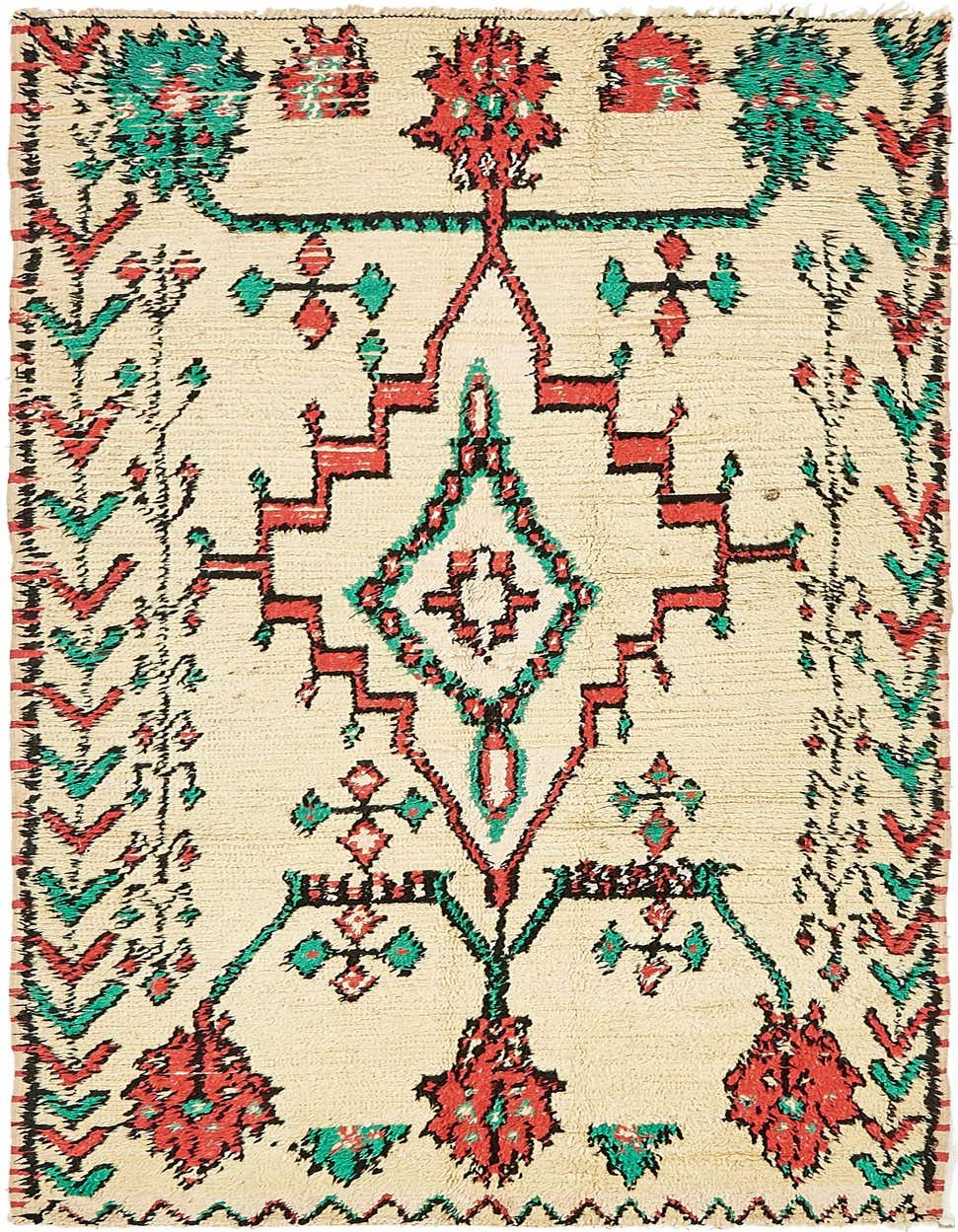 A handmade 8 ft runner rug with a cream background and a tribal pattern in red, teal, and black.