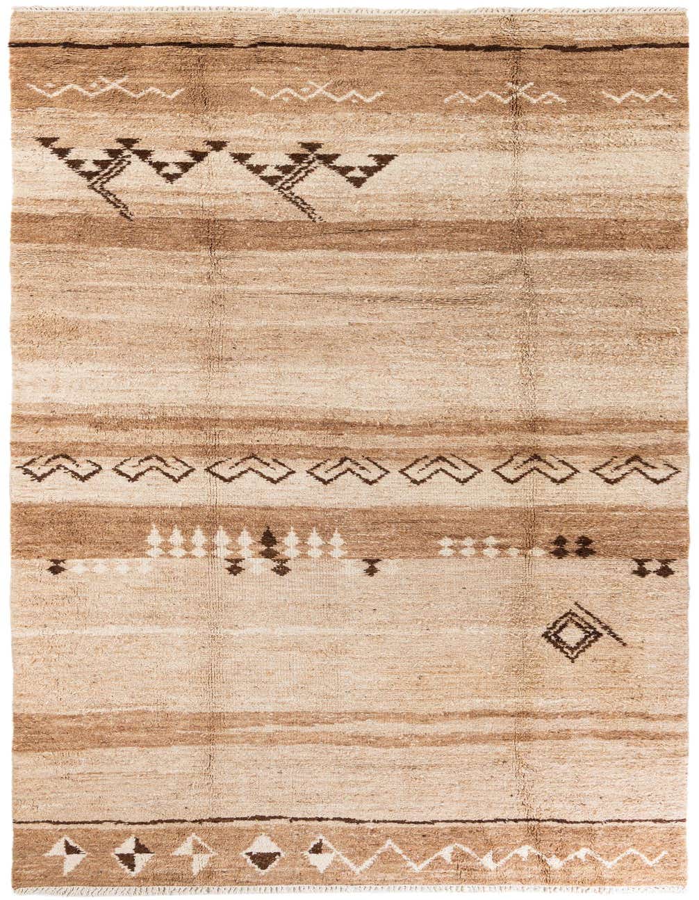 A 13 ft runner rug in varying shades of brown and cream, featuring tribal geometric patterns, ideal for a hallway.