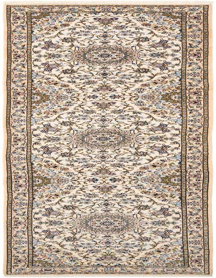 A 10 ft runner rug with a cream background and intricate traditional floral patterns in brown, tan, and light blue, ideal for a hallway.