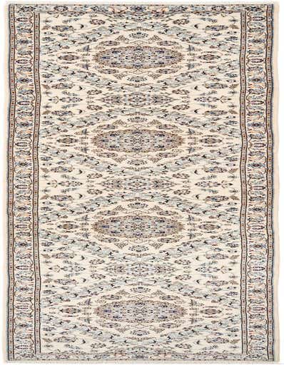 A 13 ft runner rug with a traditional floral medallion pattern in ivory, cream, brown, and tan, ideal for a hallway.