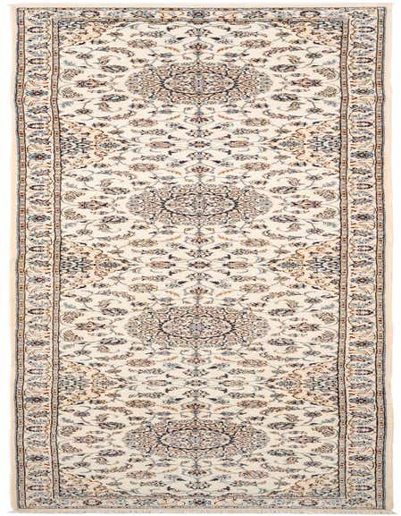 A 13 ft runner rug from Rugs.com's Nain collection, featuring a cream background with intricate brown and blue floral patterns, perfect for a hallway.