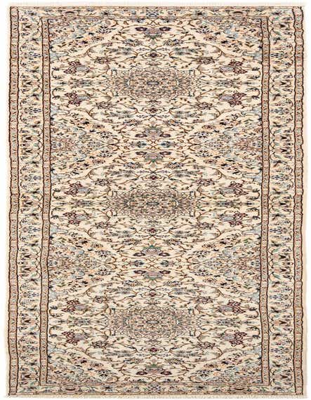 A 10 ft runner rug featuring a traditional floral medallion pattern in ivory, cream, brown, and tan.