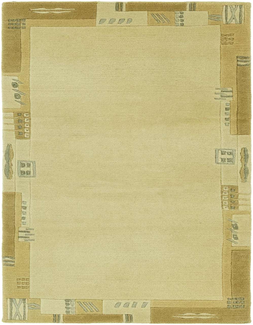 A 5 Ft Nepal runner rug in browns, tans, and ivories with a modern abstract border, perfect for a hallway.