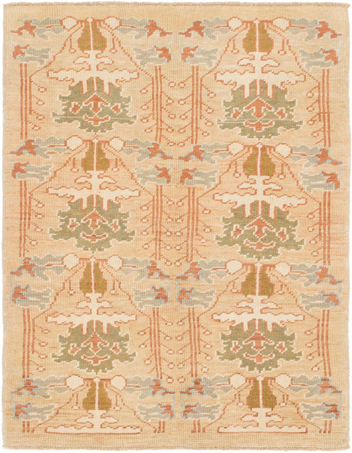 An 8 ft Oushak runner rug in browns, tans, and creams with a tribal, abstract pattern, ideal for a hallway or kitchen.