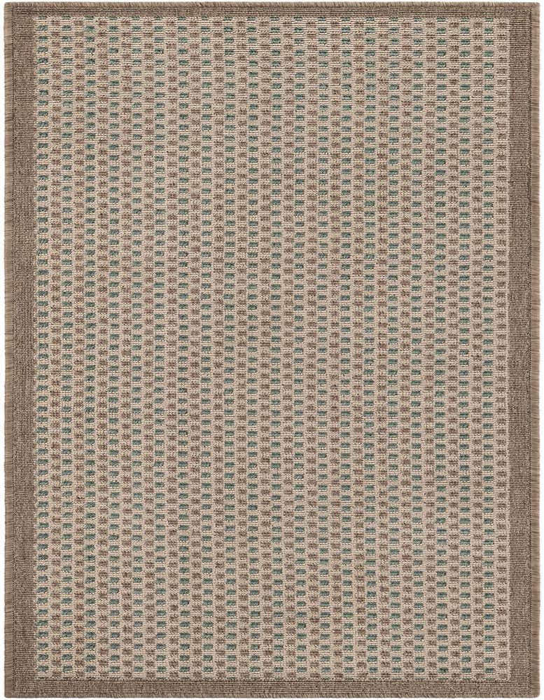 A 5 ft runner rug with a modern geometric pattern in brown, tan, and teal, featuring a solid brown border.