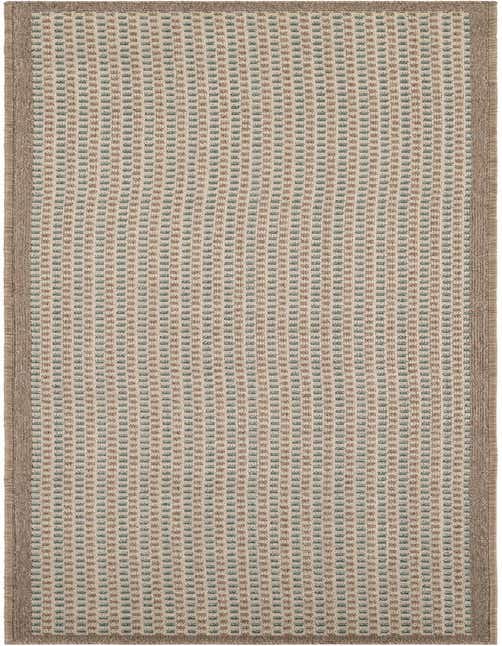 An 8 ft runner rug with a modern pattern of small brown and teal squares on an ivory background, framed by a solid brown border.