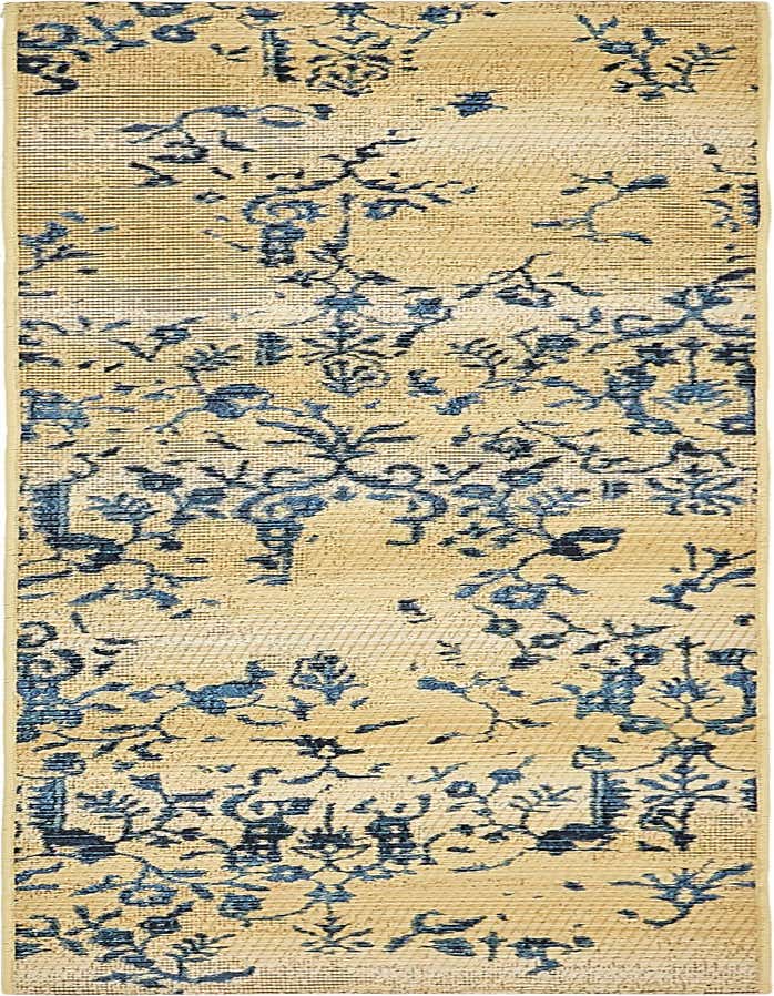 A 6 ft runner rug with a distressed botanical pattern in shades of blue and tan, suitable for a hallway or patio.