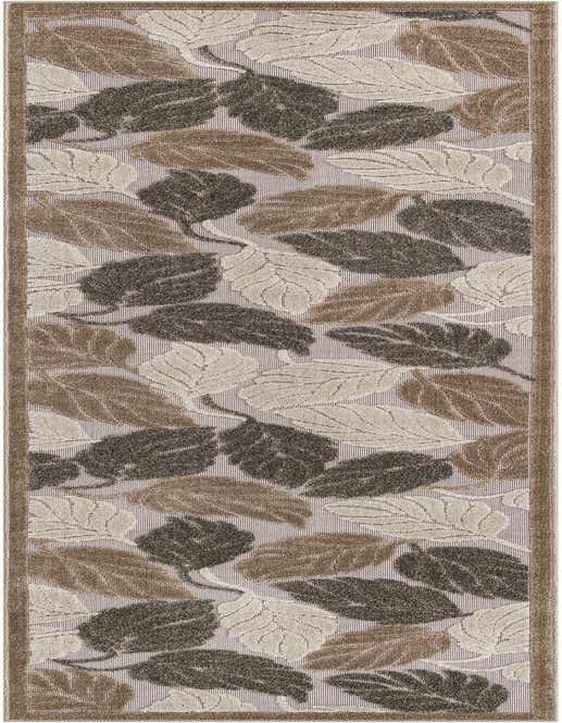 A 10 ft runner rug featuring a botanical pattern of brown, tan, and cream leaves on a light background, with a matching brown border, suitable for a hallway or patio.