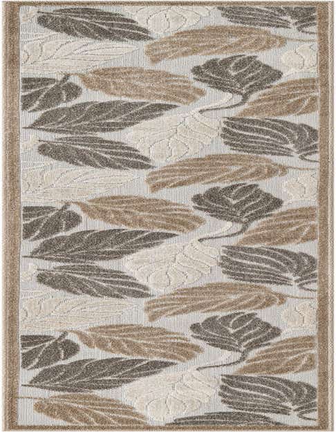An 8 ft runner rug from the Outdoor Botanical collection featuring a pattern of large brown, tan, and cream leaves on a light background, with a matching border.