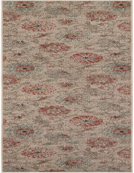 A 10 ft runner rug with a modern botanical pattern in shades of brown, red, and teal, suitable for a hallway or patio.