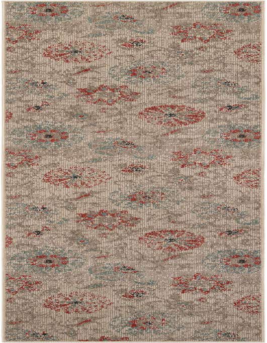 A 12 ft runner rug from the Outdoor Botanical collection, featuring a modern floral pattern in brown, tan, ivory, cream, and red tones, suitable for indoor or outdoor use.