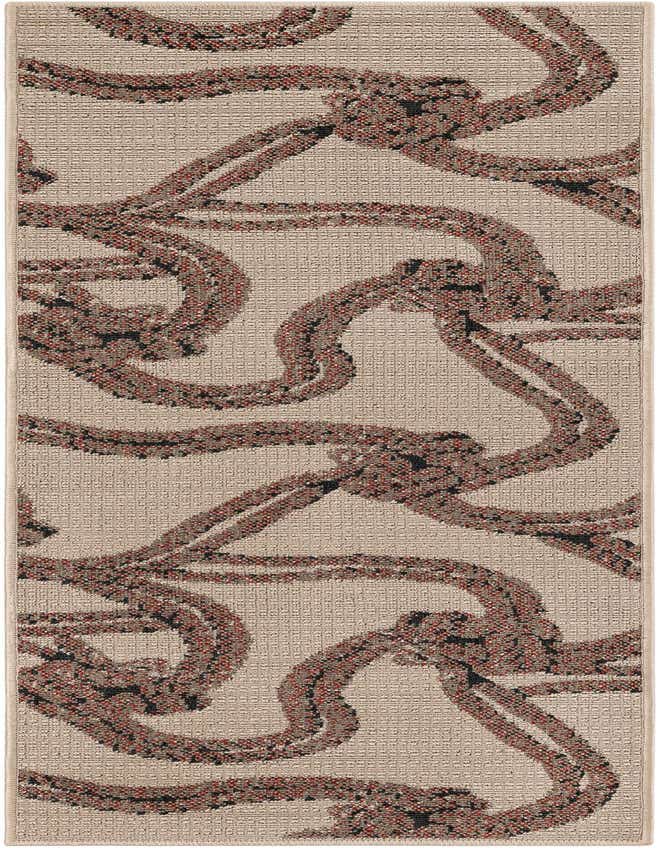 A 6 ft runner rug with a modern abstract knot pattern in brown, tan, and cream, suitable for a hallway or patio.