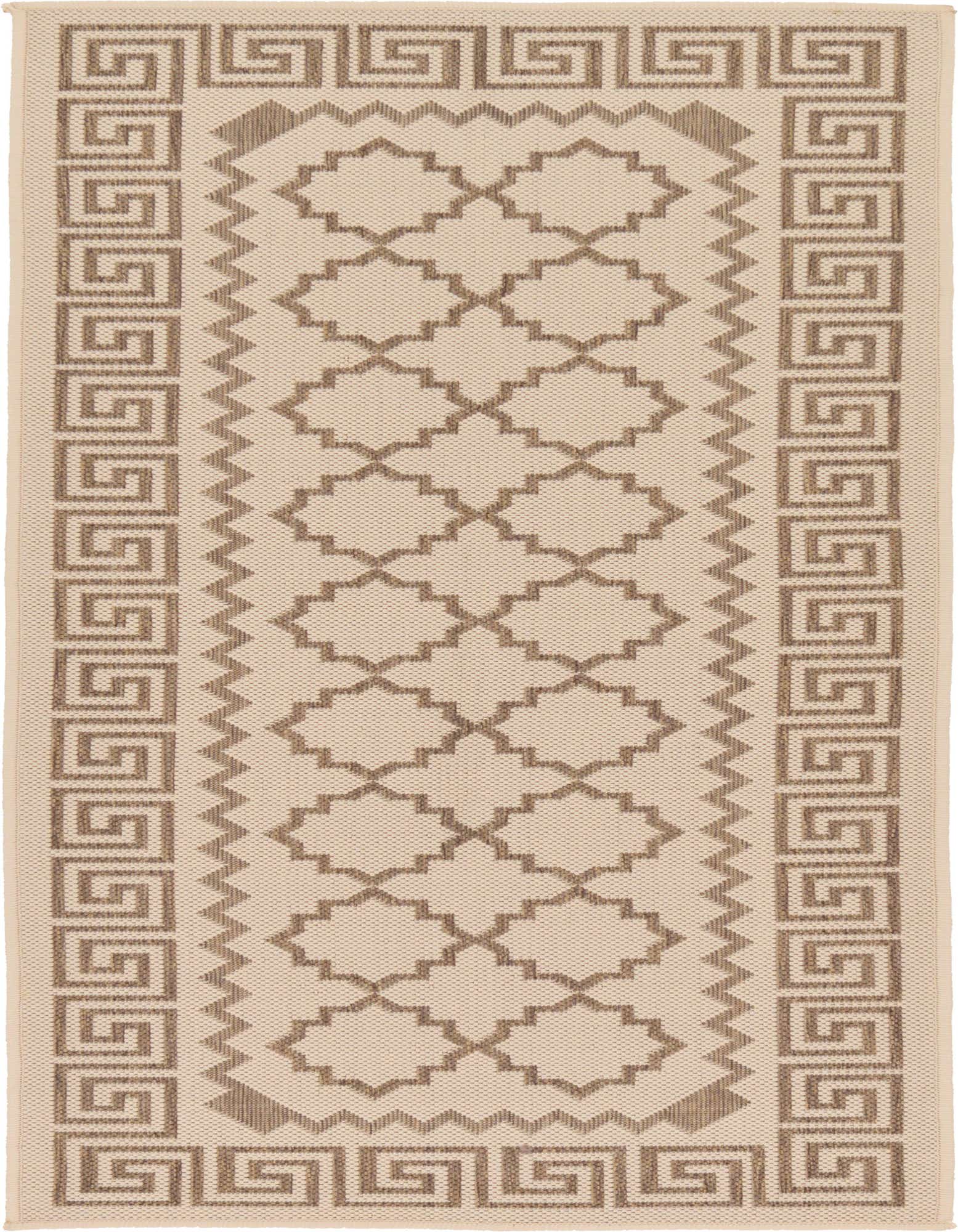 A 6 ft runner rug in brown and ivory with a tribal trellis pattern and Greek key border, suitable for a hallway or patio.