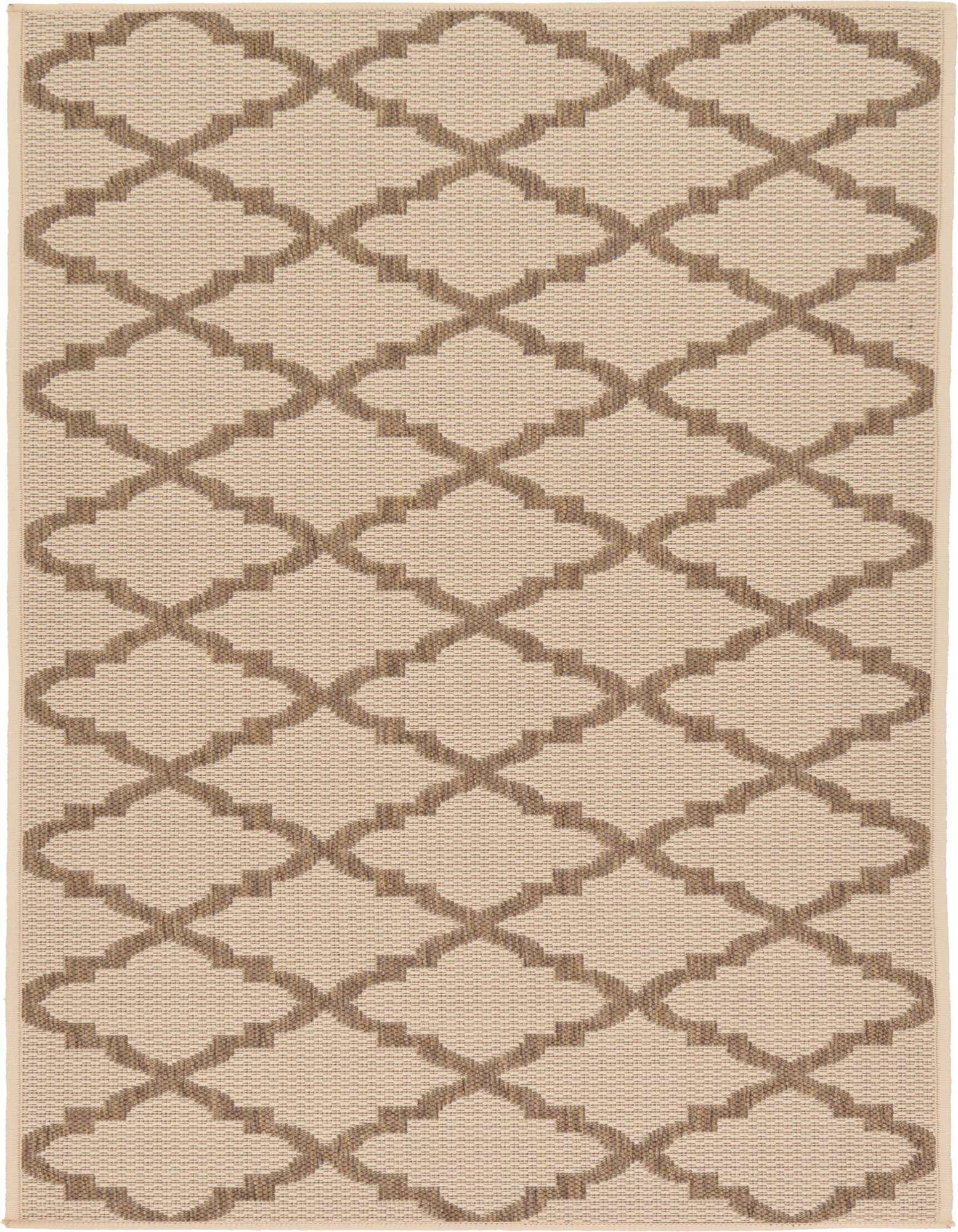 A 6 ft runner rug featuring a modern brown trellis pattern against an ivory and tan flatweave background.