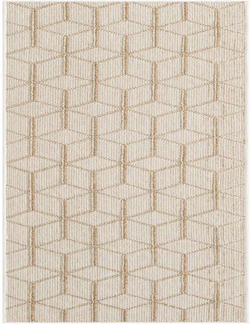 A beige and tan 8 ft runner rug with a modern geometric trellis pattern, suitable for a hallway or patio.