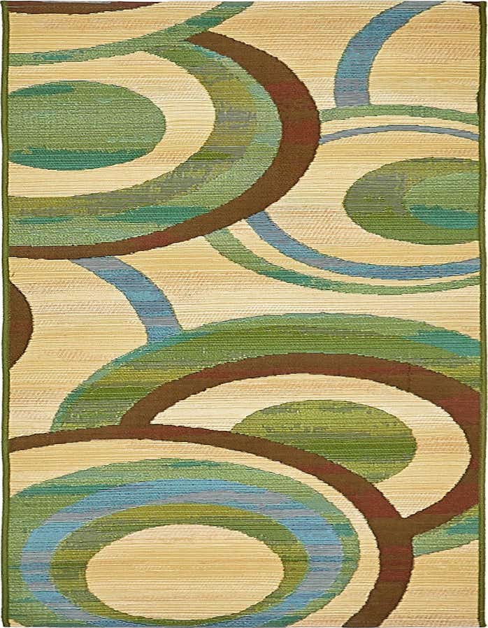 A 6 ft runner rug with a modern abstract pattern of concentric circles and arcs in shades of brown, green, blue, and cream.